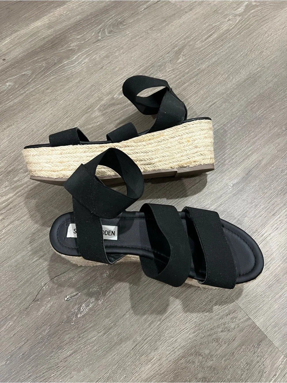 Steve Madden Black Espadrille Platform Sandals with Jute Wedge